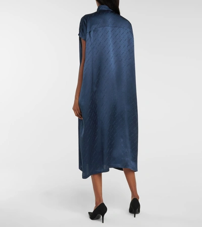 Shop Balenciaga Logo Silk Satin Shirt Dress In Blue