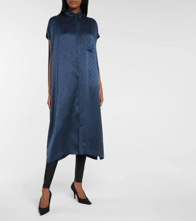 Shop Balenciaga Logo Silk Satin Shirt Dress In Blue