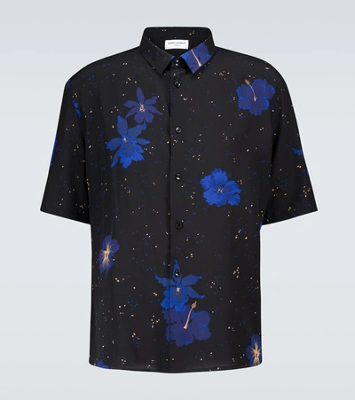 Shop Saint Laurent Short-sleeved Floral Silk Shirt In Black