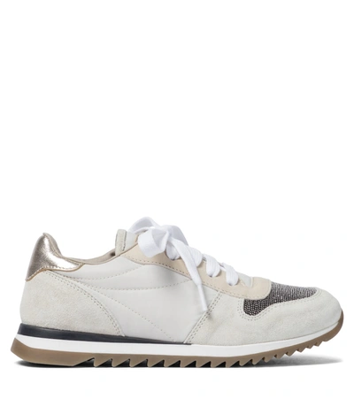 Shop Brunello Cucinelli Embellished Leather-trimmed Sneakers In Beige