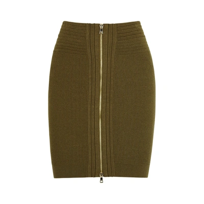 Shop Balmain Army Green Ribbed-knit Mini Skirt In Olive