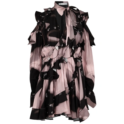 Shop Off-white Printed Ruffle-trimmed Mini Dress In Black