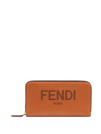 Shop Fendi Zip-around Logo Wallet In Brown
