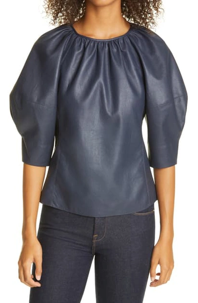 Shop Rebecca Taylor Faux Leather Puff Sleeve Blouse In Dark Navy
