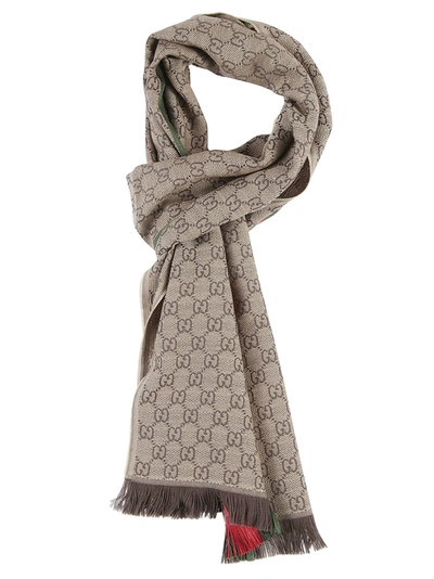 Shop Gucci Logo Motif Fringed Scarf In Light Brown/green