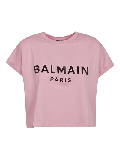 Shop Balmain Logo Print Cropped T-shirt In Rose