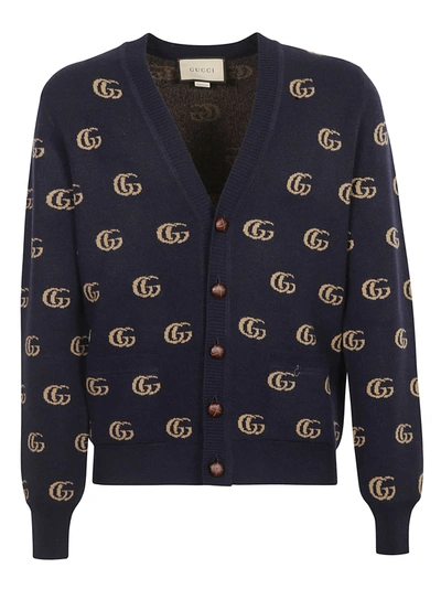 Shop Gucci Gg Logo Ribbed Cardigan In Blue