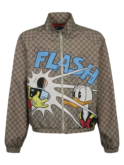 Shop Gucci Donald Duck Zipped Jacket In Vintage Camel/blue