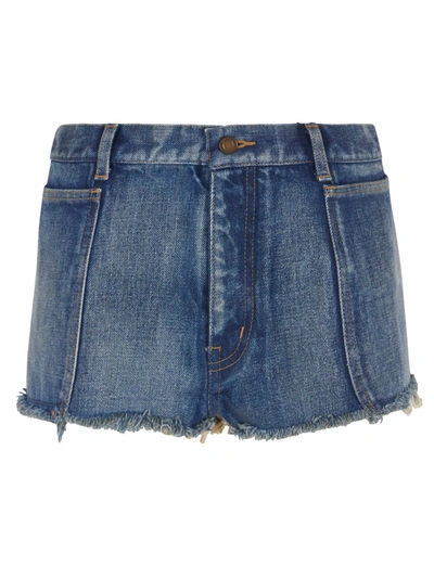 Shop Saint Laurent Fringed Edge Detail Denim Shorts In Blue