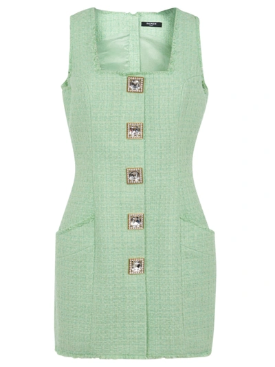 Shop Balmain Square Button Detail Sleeveless Dress In Light Green