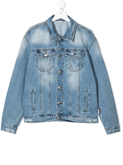 Shop Gcds Teen Washed Button-up Denim Jacket In Blue