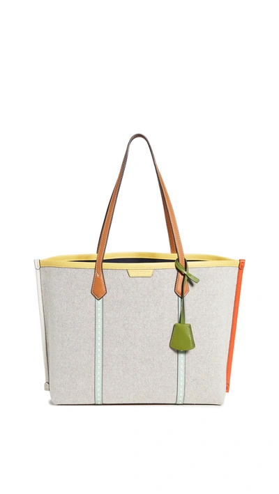 Shop Tory Burch Perry Canvas Triple Compartment Tote In Natural/tory Navy