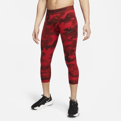 Shop Nike Pro Men's 3/4 Camo Leggings In University Red,black