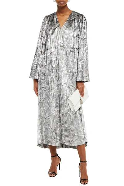 Shop Balenciaga Pleated Metallic Velvet Midi Dress In Silver