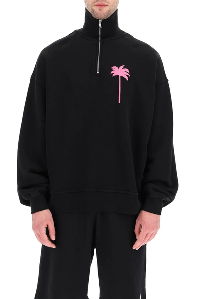 Shop Palm Angels Sweatshirt With Neon Palm Tree Print In Black Fuchsia