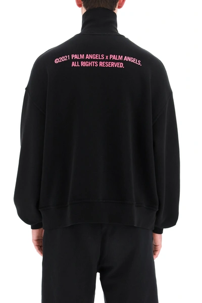 Shop Palm Angels Sweatshirt With Neon Palm Tree Print In Black Fuchsia