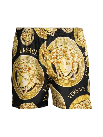 Shop Versace Printed Silk Pajama Shorts In Black Gold