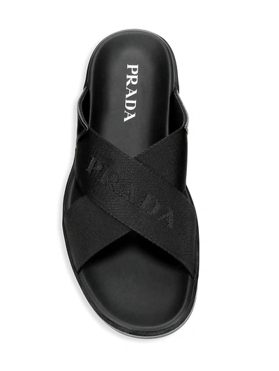 Shop Prada Men's Brushed Leather Logo Strap Slides In Nero
