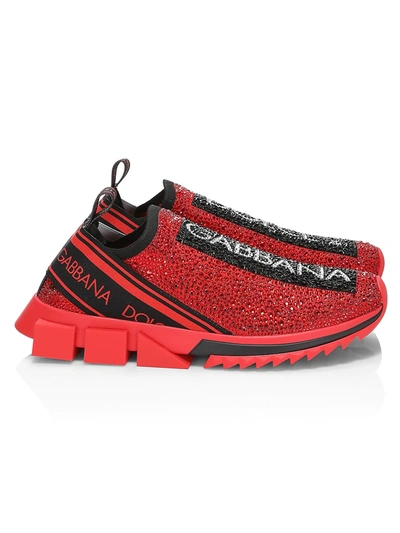 Shop Dolce & Gabbana Men's Sorrento Embellished Logo Slip-on Knit Sneakers In Rosso Nero