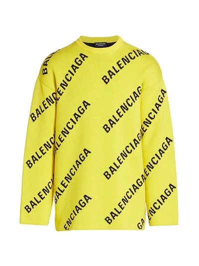 Shop Balenciaga Men's Logo Intarsia Crewneck Sweater In Yellow Black