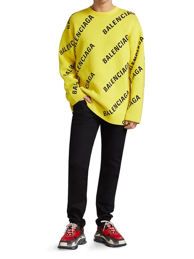 Shop Balenciaga Men's Logo Intarsia Crewneck Sweater In Yellow Black