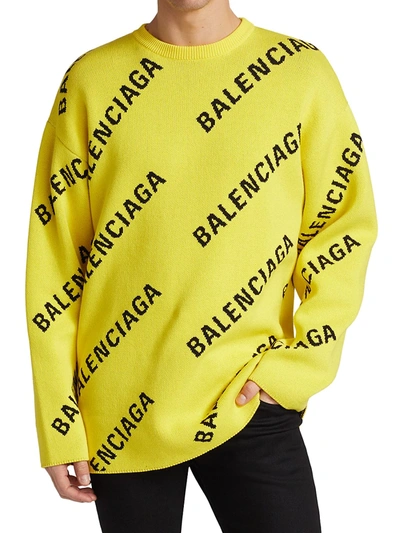 Shop Balenciaga Men's Logo Intarsia Crewneck Sweater In Yellow Black