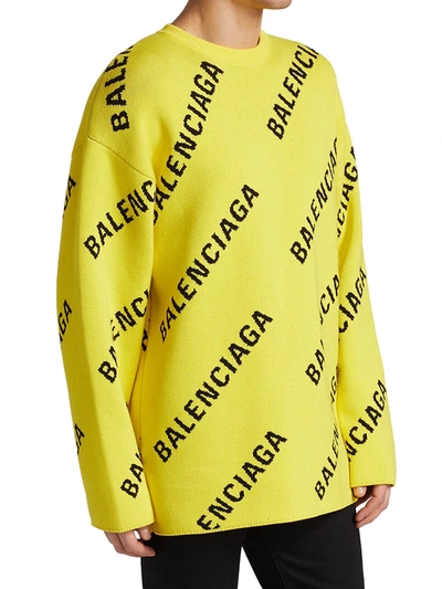 Shop Balenciaga Men's Logo Intarsia Crewneck Sweater In Yellow Black