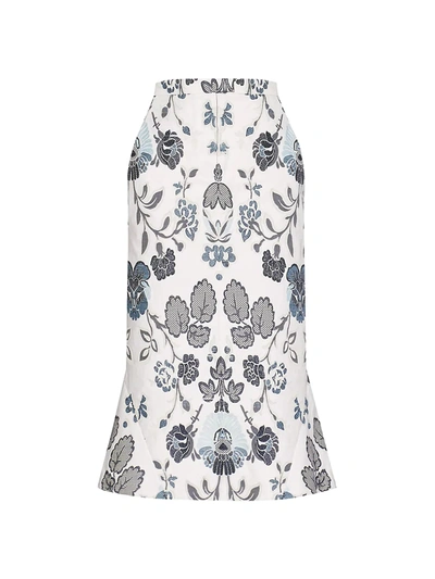 Shop Erdem Felton Embroidered Floral Midi Skirt In White Blue