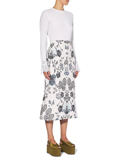 Shop Erdem Felton Embroidered Floral Midi Skirt In White Blue