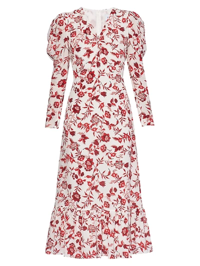 Shop Erdem Elenora Floral Puff-sleeve Dress In White Red