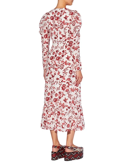 Shop Erdem Elenora Floral Puff-sleeve Dress In White Red