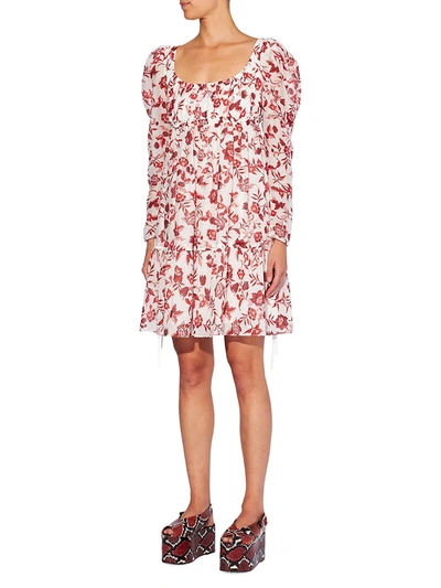 Shop Erdem Sibyl Puff-sleeve Floral Dress In White Red