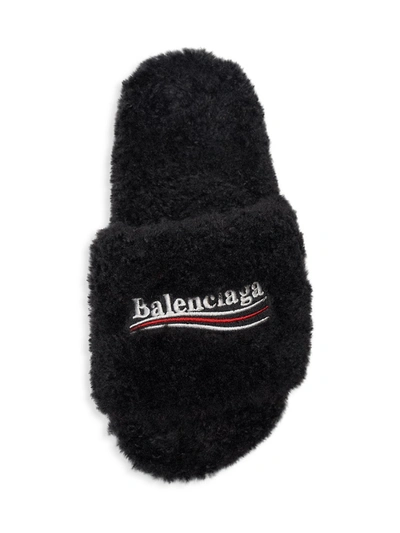 Shop Balenciaga Furry Political Campaign Faux Shearling Slippers In Blue White