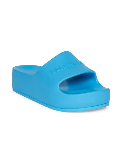 Shop Balenciaga Women's Mono Logo Platform Pool Slides In Blue