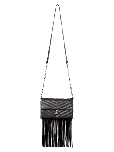 Shop Rebecca Minkoff Edie Fringe Quilted Leather Wallet-on-chain In Black