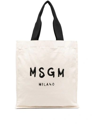 Shop Msgm Logo-print Cotton Tote Bag In Neutrals
