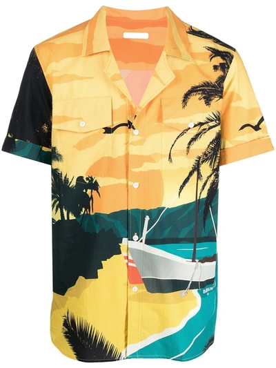 Shop Balmain Beach-print Cotton Shirt In Yellow