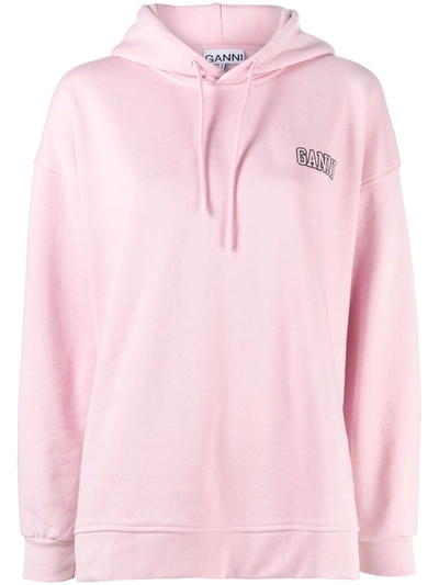 Shop Ganni Logo-embroidered Long-sleeve Hoodie In Pink