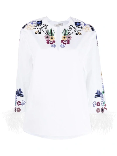 Shop Valentino Embroidered-design Feather-trim Top In White