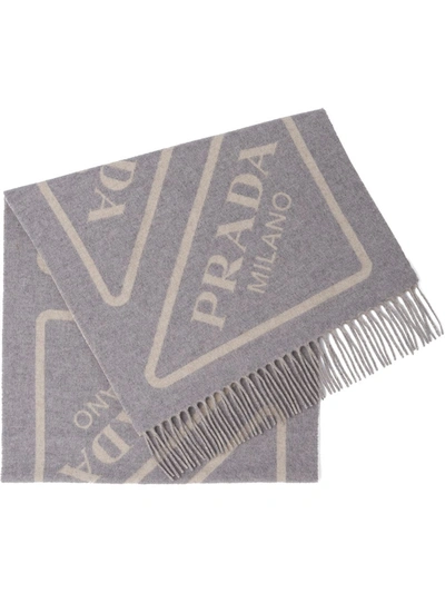 Shop Prada Intarsia-logo Fringed Scarf In Grey