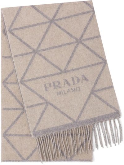 Shop Prada Intarsia-logo Fringed Scarf In Grey