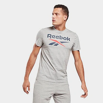Shop Reebok Men's Graphic Series Stacked T-shirt In Medium Grey Heather/vector Navy