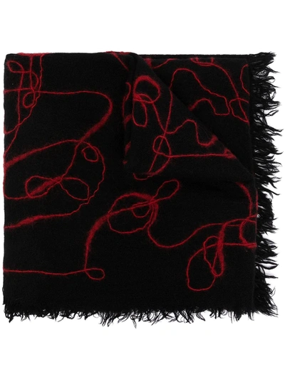 Shop Yohji Yamamoto Scribble-detail Fringe-edge Scarf In Black
