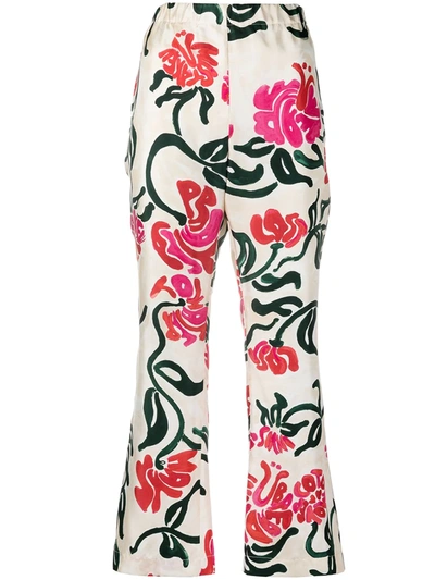 Shop Marni Floral-print Silk Trousers In Neutrals