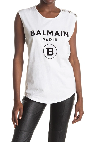Shop Balmain 3 Button Flocked Logo Tank Top In White/black