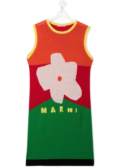 Shop Marni Teen Sleeveless Intarsia-knit Dress In Orange