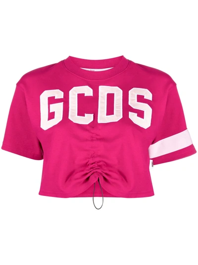 Shop Gcds Cropped Drawstring T-shirt In Pink