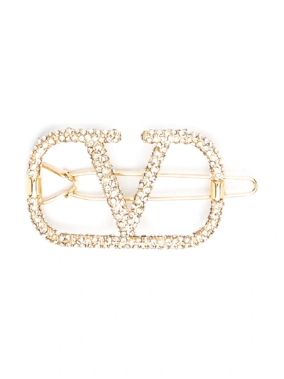 Shop Valentino Vlogo Signature Crystal-embellished Hair Clip In Gold