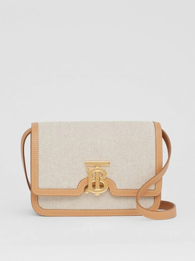 Shop Burberry Small Two-tone Canvas And Leather Tb Bag In Soft Fawn/warm Sand