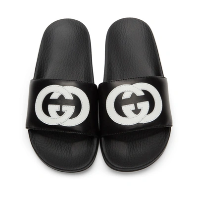 Shop Gucci Black Interlocking G Pursuit Slides In 1071 Black/wht